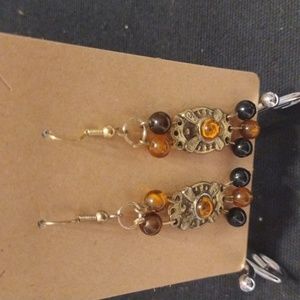 Pierced Gold Tone with Brown Bead Dangle Earrings
